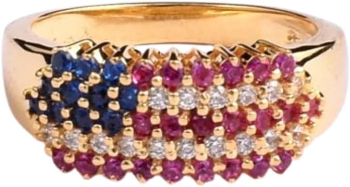 Ssjewel 2 Ct Round Diamond Art Deco Vintage Style American Flag Style Birthstone Patriotic Rings For Women 14K Gold Plated 925 Sterling Silver Handmade USA Flag Ring Independence Day Gift For Her