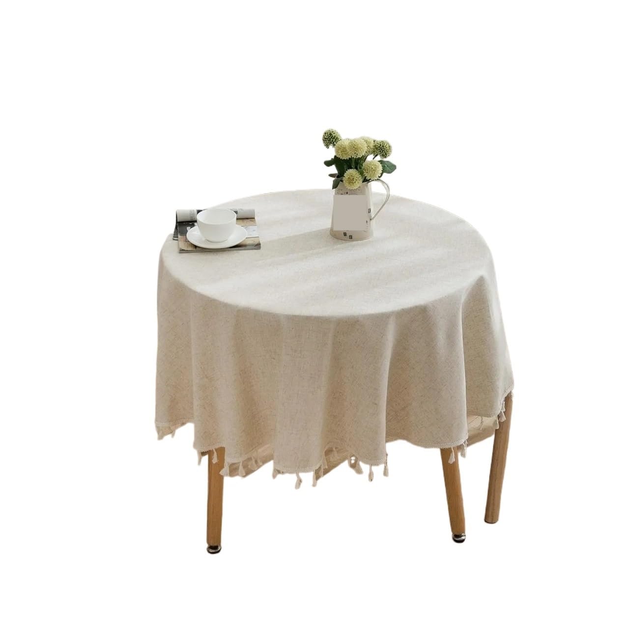 Linen Cotton Plain Tablecloth With Tassels Round Table Household Circular Cover Home Party Wedding Decoration For Wedding Party Banquet(90cm)