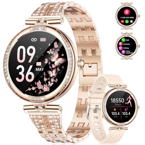 Smart Watch for Women with Diamonds, 1.19″ AMOLED Display 113 Sport Modes Fitness Tracker Pedometer/Heart Rate/SpO2/Sleep Monitor, IP68 Waterproof Ladies Smartwatch for Android iOS Answer/Make Calls