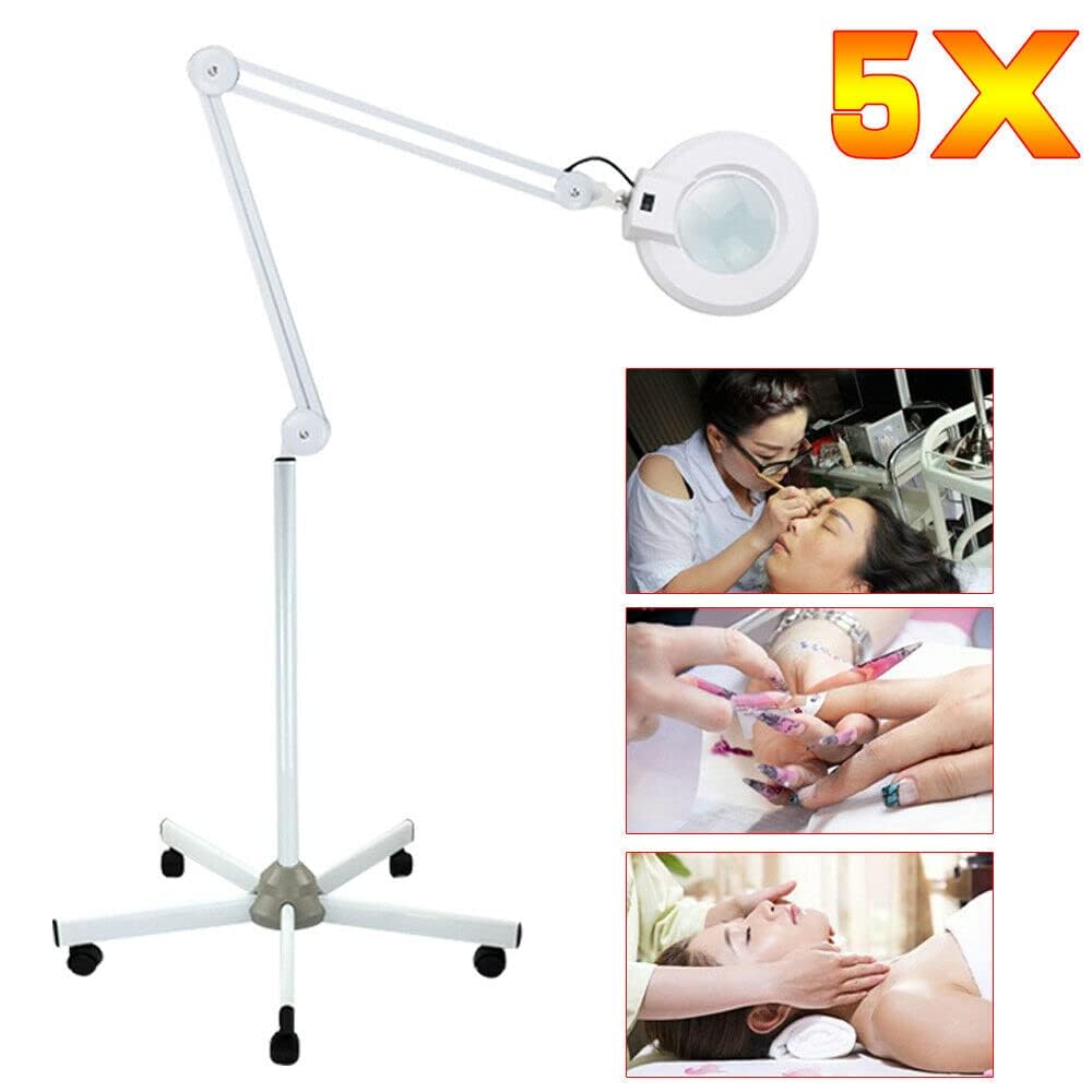 5 Dioptrien Lupenleuchte Glas mit Standfuß Kosmetiklampe LED Lupenlampe Swivel Arm Standlupe mit Beleuchtung für Schönheitssalons, Friseure, Tattoo-Studios 22W