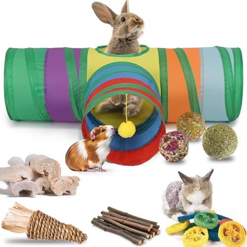 Image of Mechpia Rabbit Toys, Bunny Tunnels and Tubes with Chew Toys for Grinding Teeth Apple Sticks Bamboo Carrot Loofah and Grass Ball for Rabbit Guinea Pig Chinchilla Ferret Rat