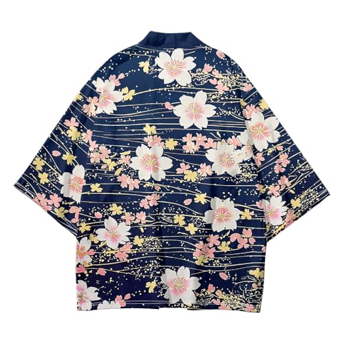 Image of DOSLAVIDA Men's Japanese Kimono Jacket Set Stylish Open Front Coat With Shorts Chinese Style Printed Cardigan Suit