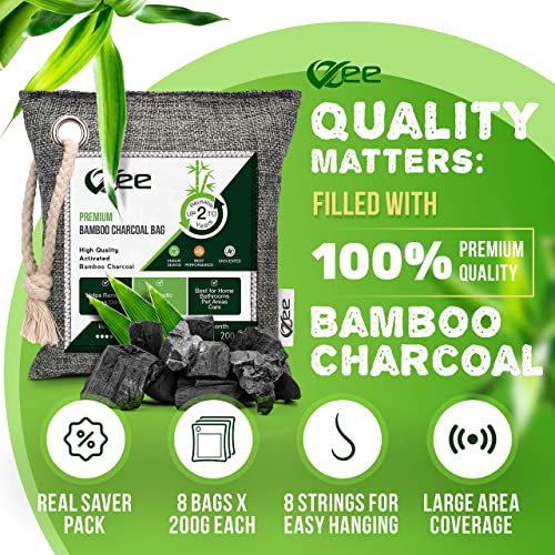 Vzee Bamboo Charcoal Bags Odor Absorber, 8 Pack X 200G, 8 Ropes, Activated Bamboo Charcoal Air Purifying Bag, Nature Fresh Musty Odor Eliminator, Odor Eliminator For Strong Odor, Car Air Fresheners, Shoe Deodorizer #TOP4