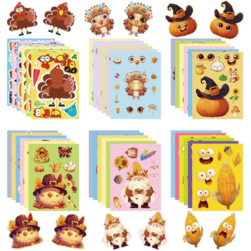VERKSTAD Thanksgiving Stickers & Activities for Kids - Make Turkey, Bear, Tribal, Maize, Squirrel Face, Games, Crafts & Decorations (36 Sheets)