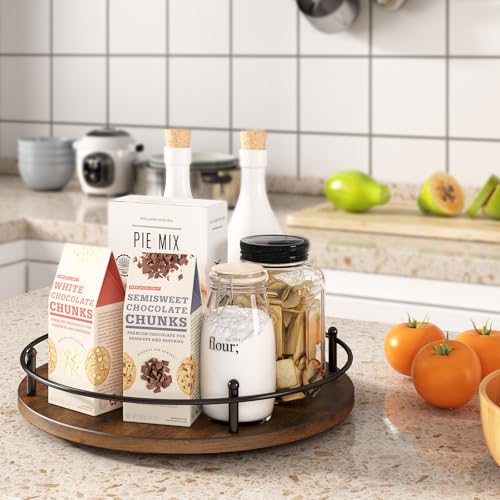 Image of 12 inch Lazy Susan Turntable Organizer,Round Wooden Lazy Susan Organization and Rotating Spice Rack for Dining Table,Pantry,Kitchen Countertop,Vanity,Cupboard and More.Vintage Wood(Round)