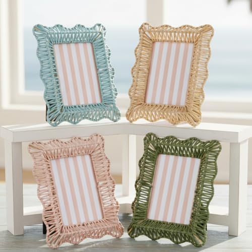 AceOrbit 4 Pack Wicker Weave Scalloped Picture Frame 5 x 7 Inch Plastic Colorful Cute Boho Rattan Photo Frame Wavy Edge Decorative Farmhouse Home Decor for Wall Tabletop Display Family Wedding Gifts