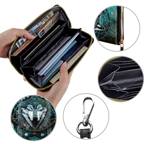 Image of Women's Wallets,Credit Card Holder Money Leather Long Wallet with Wristlet,Large Capacity with Zip-Around Phone Purse for Women Ladies Girls,Dream Catcher Wolf