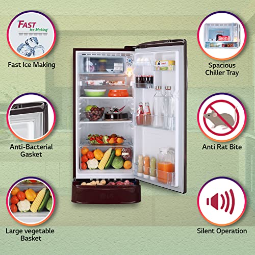 Image of LG 190L 5 Star Inverter Direct-Cool Single Door Refrigerator (GL-D201ASEZ, Scarlet Euphoria, Base stand with drawer, Red)