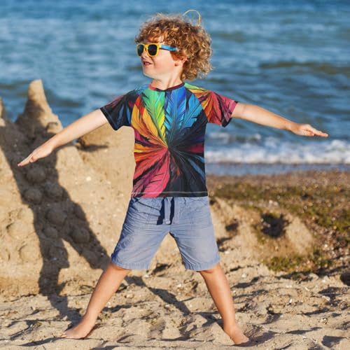 Boy Swimsuit Feather Colorful Sunscreen T-Shirts Swimwear Sets UPF 50+4