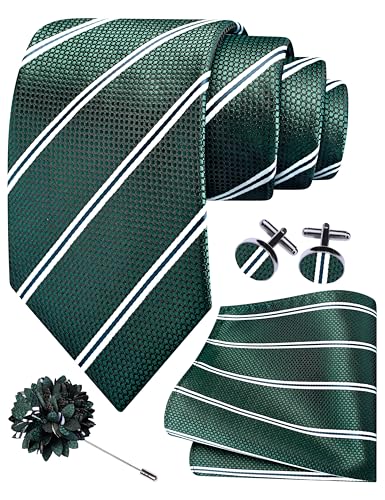 Image of GUSLESON 3.15 inch（8cm） Mens Stripe Tie and Lapel Pin Necktie Hankerchief Cufflinks Set for Men