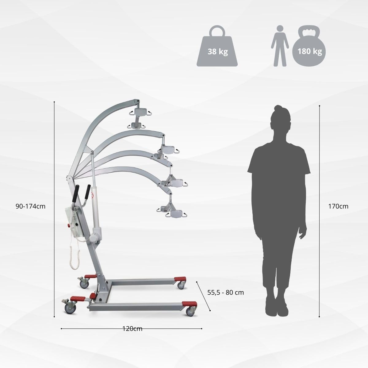 Mobiclinic®, Elektryczny Podnośnik Pacjenta dla Seniorów, do 180 kg, w Zestawie Uprząż do Przenoszenia, Regulowana Szerokość, Można Używać Podczas ładowania, Kółka z Hamulcami, Fortuna Basic