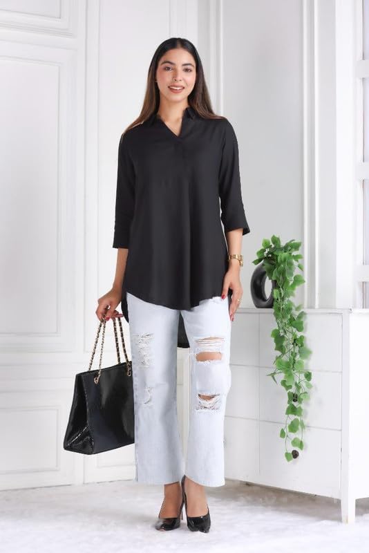 Image of Mlada Rayon Flare Top for Women | 3 /4th Sleeve Regular Fit and Flare Top | Women Office Tops Tunic | Western Long Shirt Top for Women | Shirt Collar Top for Women | Rayon Tunic Tops for Women Western