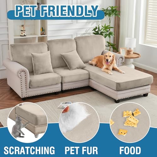 Image of Couch Cover 6-Piece Elastic Velvet Couch Cushion Covers & Chaise Slipcovers for L-Shaped Sofas - Sofa Seat Covers Washable, Soft Protector for Couches (5 Seater + Chaise, Taupe)