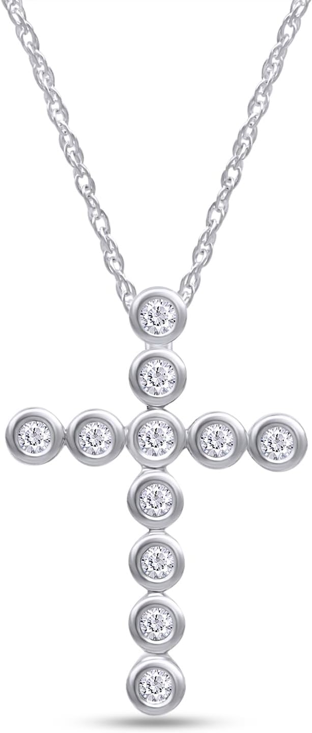SAVEARTH DIAMONDS 1/4 Carat CT.T.W Round Cut Lab Grown Diamond Bezel Set Cross Pendant Necklace In 14k Gold Over Sterling Silver Jewelry For Her, 18" Chain (0.25 Cttw)
