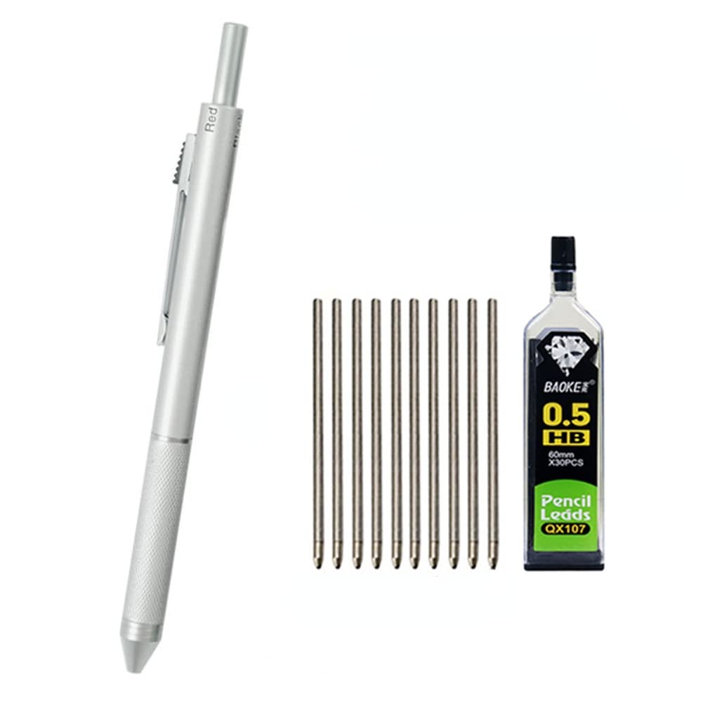 MROOFUL Bolígrafo retráctil de metal multicolor de 0,7 mm, 4 en 1 con 3 recambios de bolígrafo de color + 1 caja de bolígrafo de metal con sensor de gravedad (plateado)