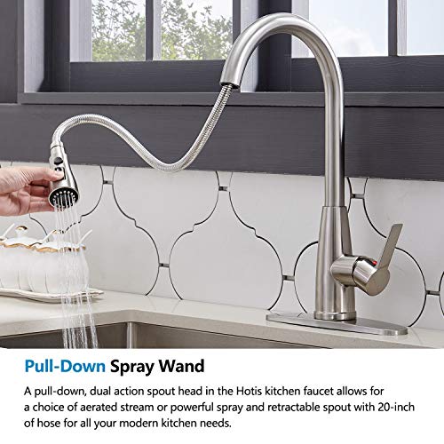 Hotis Single Handle Stainless Steel Prep Sprayer Pull Out Pull Down Sprayer Kitchen Sink Faucet, Brushed Nickel with Deck Plate - Thumbnail 3