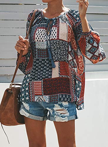 FARYSAYS blusas femininas casuais Boho estampa floral gola V manga comprida blusas soltas, Blue-105,