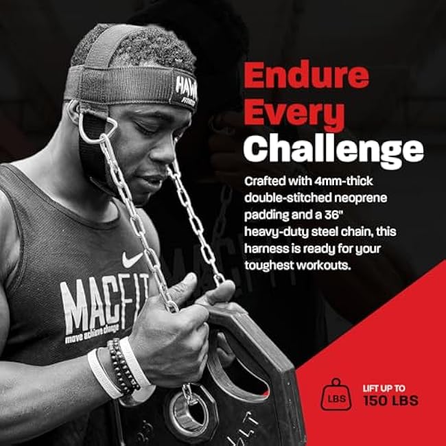 Hawk Sports Neck Harness for Men and Women with Adjustable Neck Strap and 30 Steel Chain for Safely Lifting Weights Up to 150 lbs., Neck Exercise Equipment for Muscle Growth and Strength Training