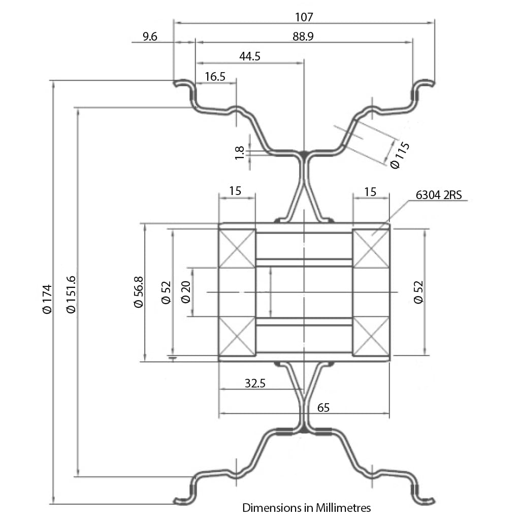 Roue pour tondeuse à gazon 15 x 6,00–6, moyeu de 65 mm, pneu P332 à 4 plis sur jante, roulements de 20 mm