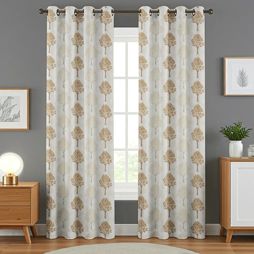 Image of Exporthub Glossy Shine 3D Floral Digital Printed Golden Colour Long Door Curtains 9 feet Long Set of 2 Pc, for Living Room and Bedroom (EHSPR076 94)