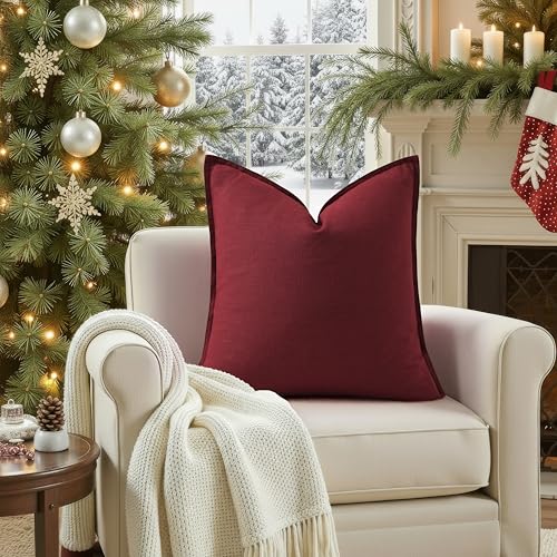 Image of decorUhome Decorative Linen Euro Sham Throw Pillow Covers 26x26 Inch Set of 2 Burgundy Pillow Covers with Flange Edges Soft Farmhouse Boho Accent Pillow Cases for Couch Bed Living Room