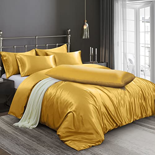 Image of Ersmak 6 Pieces Satin Duvet Cover Full /Queen Size Luxury Silky Bedding Duvet Cover Set with 1 Soft Duvet Cover, 4 Queen Pillowcases and 1 Body Pillowcase, Gold