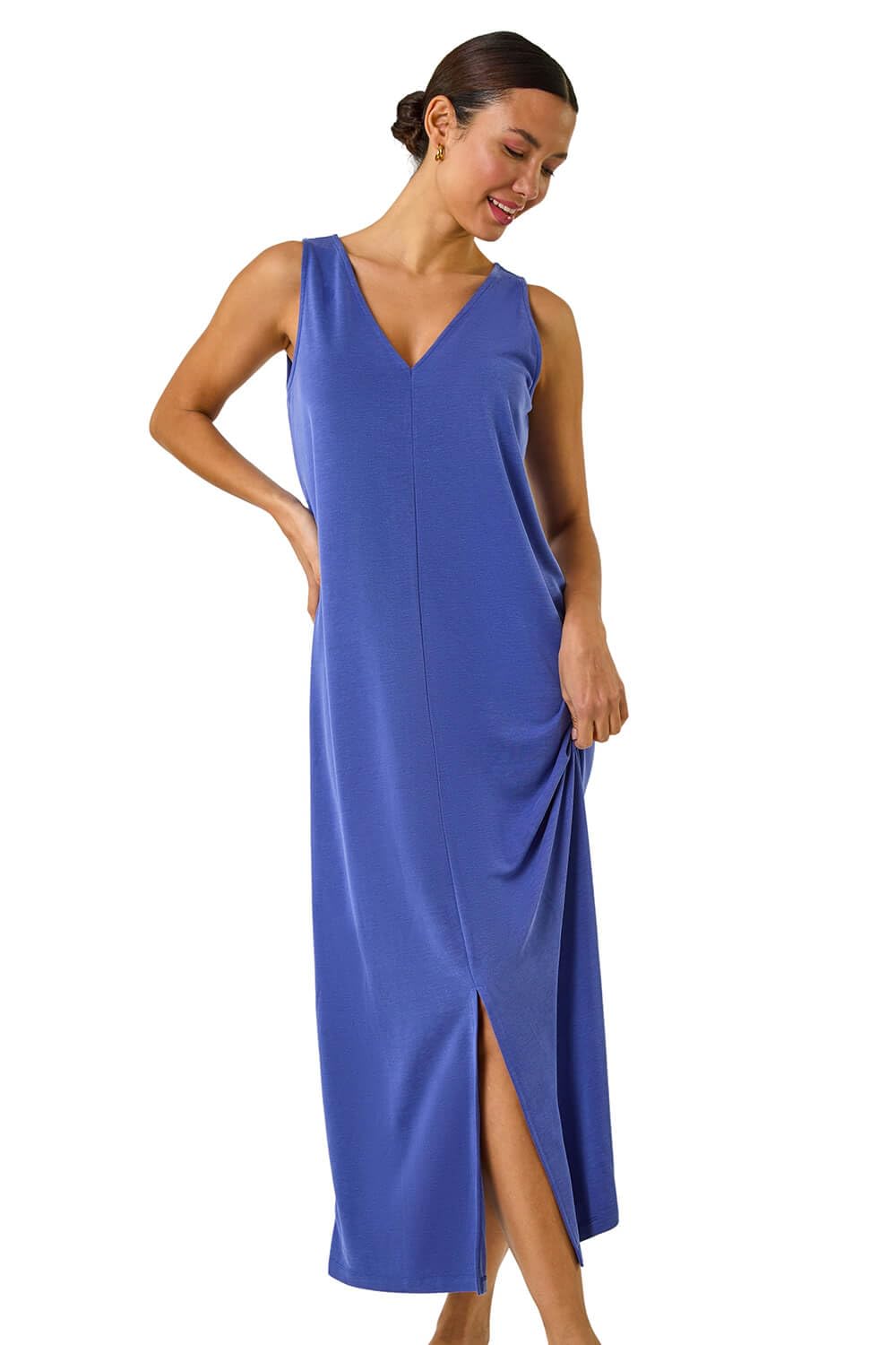 Roman Originals Women's Blue Soft Pique Stretch Midi Dress For Uk - Everyday Holiday Spring Summer V-Neckline Comfy Soft Evening Vacation Work Party - Size 20