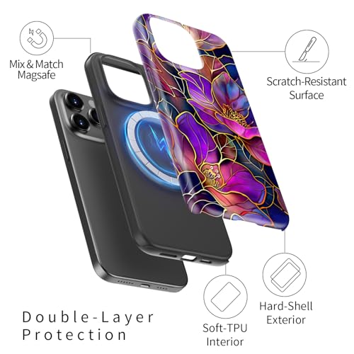 Image of Goodon for iPhone 14 Pro Max Case Cute - Wireless Charging Compatible - Dual-Layer Hard Shell + Silicone Cover - Protective Phone Case with Trendy Designs for Women - Blooming Purple Flowers | Dual-Layer Hard Shell + Silicone, Slim Fit Protective Phone Cover with Wildflower Designs for Women Girls