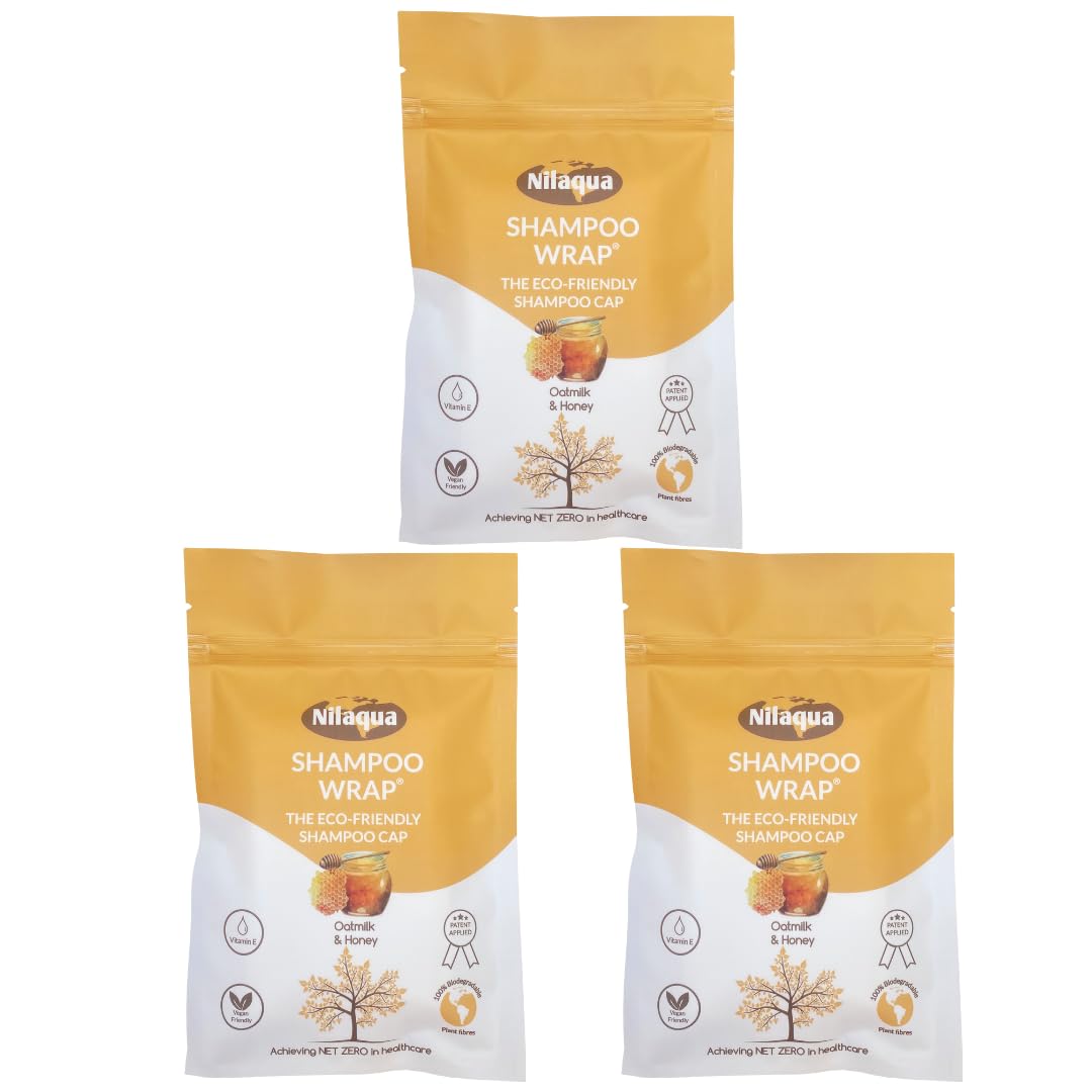 Nilaqua NO Rinse Hair Wash Wrap_the World's First Biodegradable Shampoo Cap - 100% Biodegradable Bamboo | Rinse free Shampoo | Pleasant Fragrance - Oatmilk & Honey 3pack
