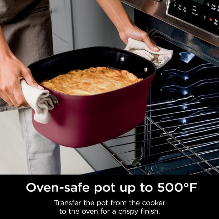Niinjja Possible Cooker, 8.5 Quart, 6 in 1 Multi Cooker, Slow Cooker, Steamer, Glass Lid Integrated Cooking Utensil, Nonstick, Oven Safe Pot to 500°F, color cherry (model MC 1000)