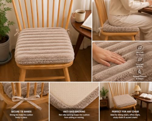Image of COZY FURNISH Light Taupe Solid Fluffy Chair Seat Cushions with Ties, 16x16 Inch Faux Fur Dining Chair Pads with Foam Filling, Pack of 2