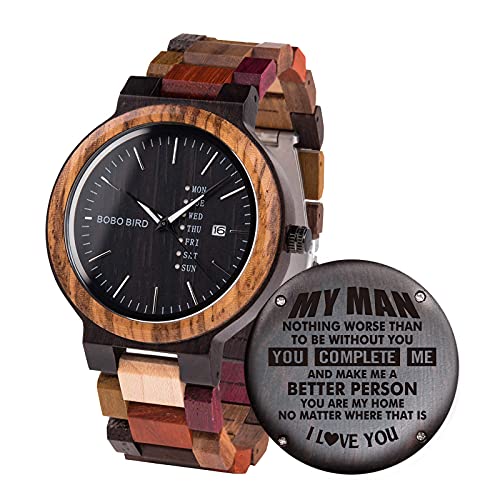 GUANKE Engraved Wooden Watches Colorful Bamboo Customized Personalized Wood Watches for Boyfriend My Man Fiancé Husband Birthday Anniversary (My Man)