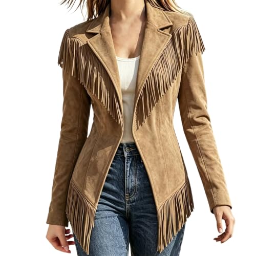 CRNTCEM Womens Suede Fringe Jacket Western Cowgirl Vintage Motorcycle Coats