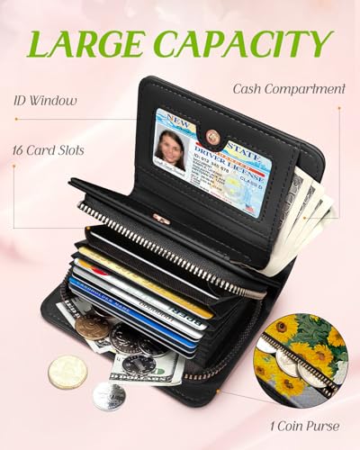 Image of Bistup Leather 12 Slot Accordion Card Holder Wallet, Cat Sunflower | Accordion Storage, Zipper Around Closure, Compact Patterned Wallet for IDs, Cards, Cash, Daily Carry and Gifts