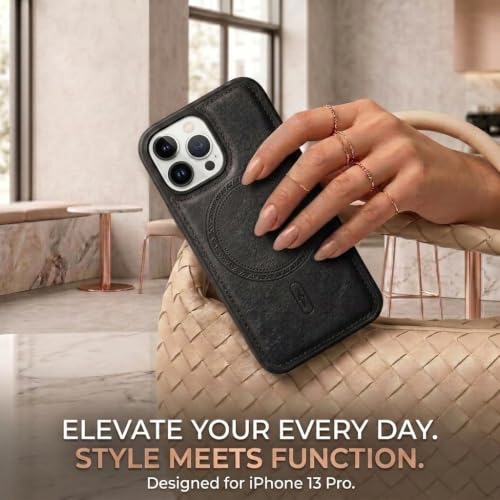 Image of amazon basics Premium PU Leather Case for iPhone 13 Pro, MagSafe Compatible Magnetic Ring, Sleek Protective Back Cover - [Black]