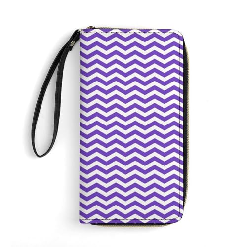Purple And White Wavy Stripes Wallet Wristlet Zipper Purse with Hand Strap Travel Credit Card Holder for Adult Daily Use Gifts