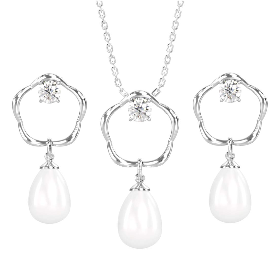 CLARA 925 Sterling Silver Pearl Sara Pendant Earring Chain Jewellery Set | Rhodium Plated, Swiss Zirconia | Gift for Women & Girls (B08W3BQW7T) Amazon Price History, Amazon Price Tracker