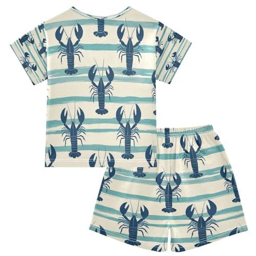 Pajama Sets Short Sleeve Lobster Pattern on Striped Background Soft Cotton Summer Sleepwear 2 Piece PJS Size 5-14T2