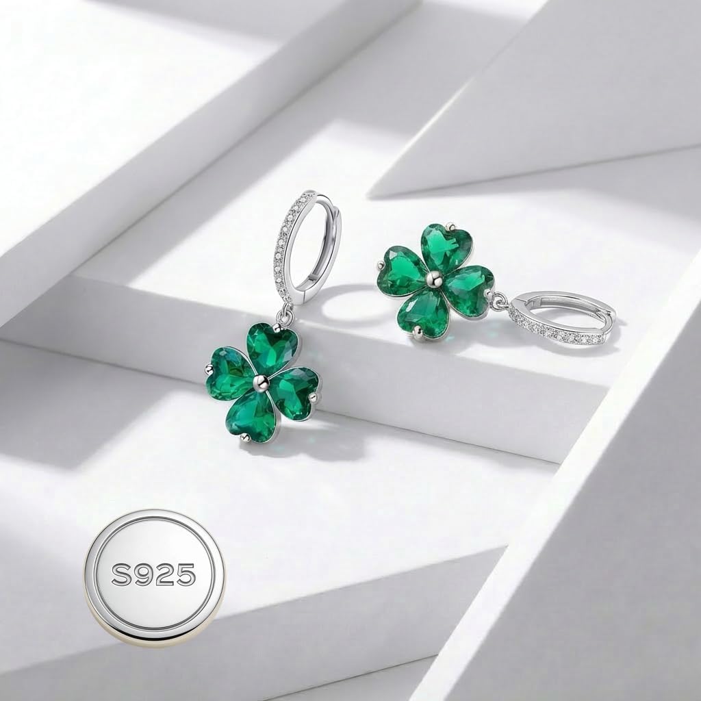 Reffeer Solid 925 Sterling Silver CZ Leaf Clover Earrings Drops for Women Teens Shamrock Earrings Hoops Green St Patrick’s Day