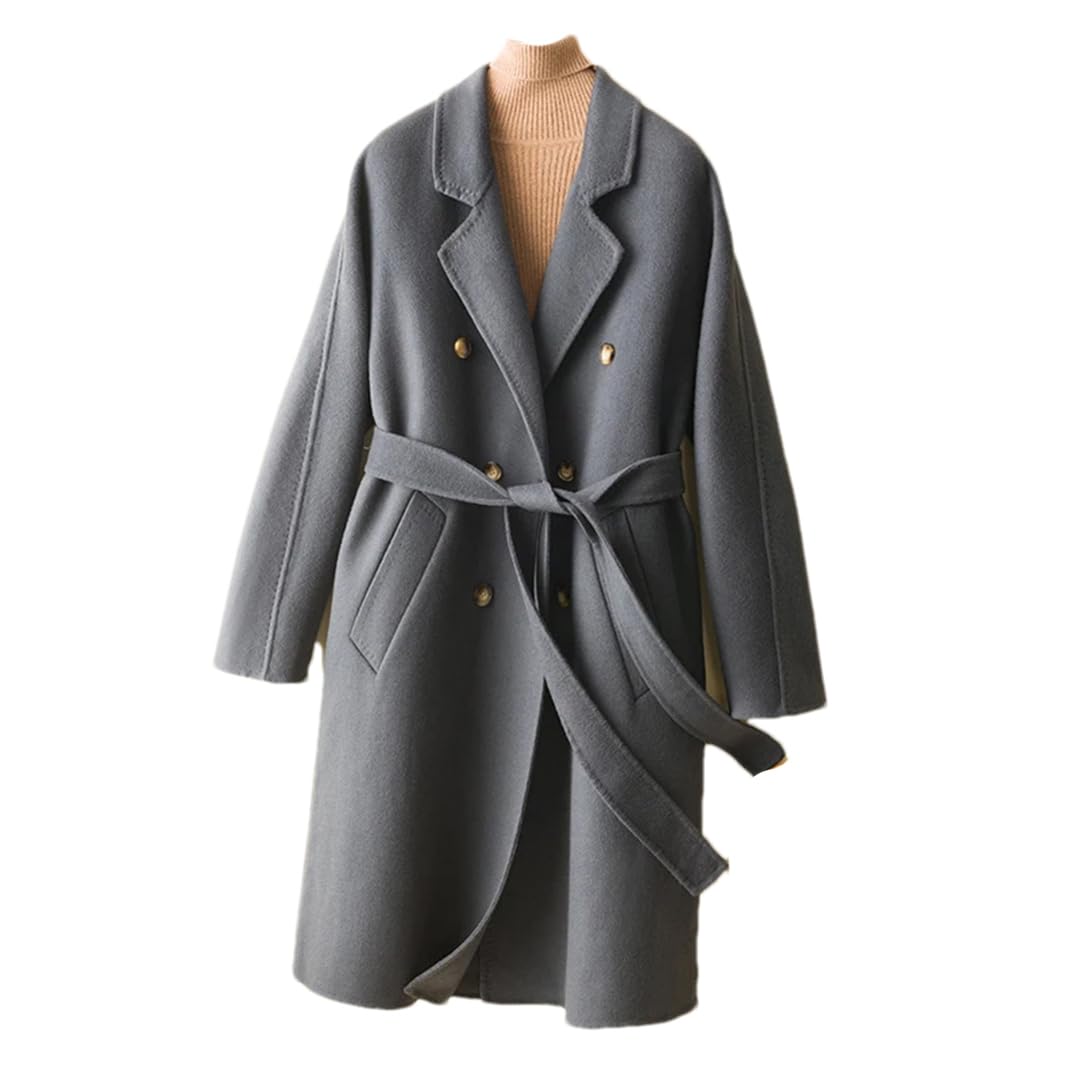 Disimlarl Abrigo largo con cinturón para mujer, chaqueta de lana con solapa, elegante abrigo vintage