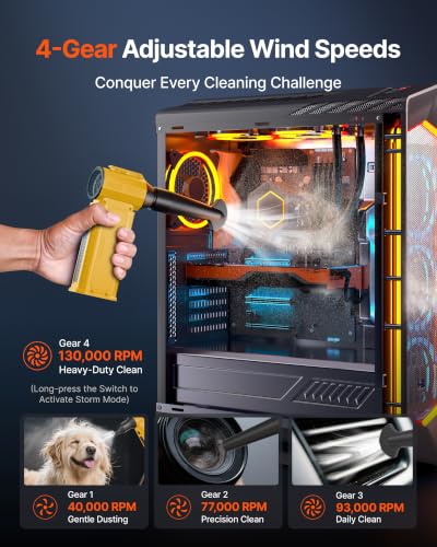 Image of Compressed Air Duster, 130,000RPM Ultra-Powerful Electric Air Duster | 8000mAh Rechargeable Battery Cordless Blower, 4-Gear Adjustable Air Blower for Keyboard, Computer, Car - Bright Yellow