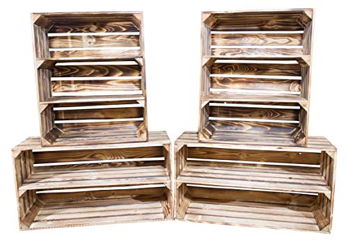 Vinterior DIY Set (4 Kisten) Gemischtes Paket Flambierte Holzkisten-Weinkisten / Regal aus geflammten Obstkisten mit Zwischenboden -quer-