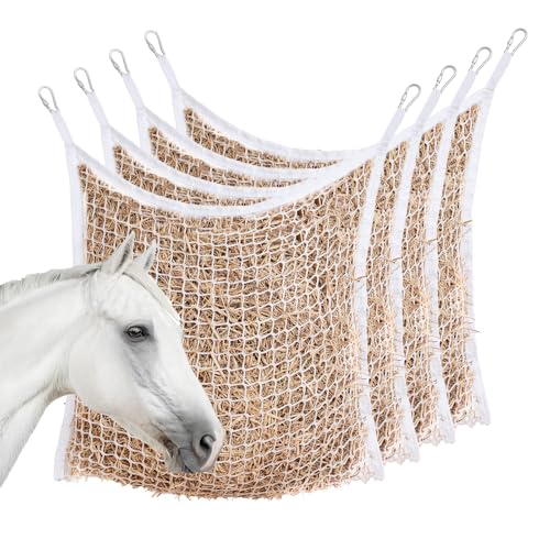 MKO SHUN 4 PCS Slow Feed Hay Net for Horses Large Capacity Hay Bags for Horses Goats Sheep Donkey Trailer Full Day Feeding Easy to Fill and Hang White 35 x 31 Inch