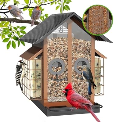 FlowaFoli Bird Feeders for Outdoors, Metal Bird Feeder with Double Suet Cage Weatherproof Metal Roof, 2 in 1 Mixed Seeds Suet Feeder, 4Lbs Large Capacity, Great for Finch?Cardinal?Chickadee?Brown?
