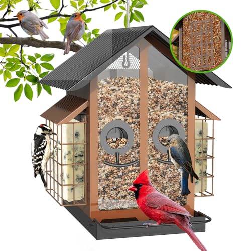 Bird Feeders for Outdoors, Metal Bird Feeder with Double Suet Cage Weatherproof Metal Roof, 2 in 1 Mixed Seeds Suet Feeder, 4Lbs Large Capacity, Great for Finch、Cardinal、Chickadee（Brown）