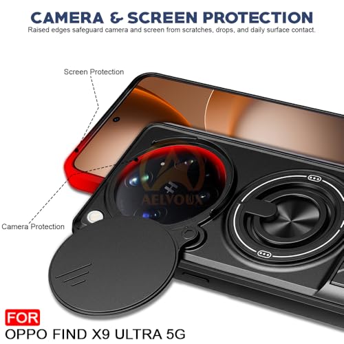Image of Oppo Find X9 Ultra 5G Back Cover | Armor Camera Slider 360 Degree Rotating Finger Ring Holder Case with Bracket Stand Back Case Cover (Compatible with MagSafe Accessories) (Black)