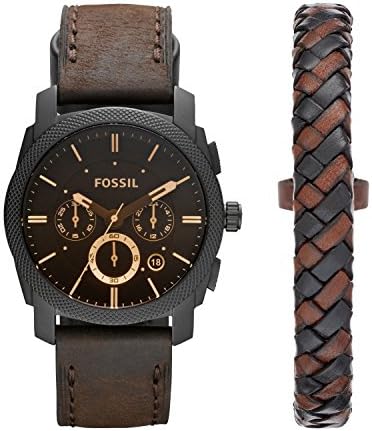 Fossil Men's Machine Quartz Stainless Steel Chronograph Watch and Bracelet Set, Color: Black, Dark Brown (Model: FS5251SET)