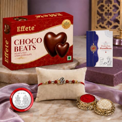 Image of DeoDap Rakhi with Chocolate for Brother - OM Design Silver Color Rakhi with Choco Beats Chocolate 32 Gm, Greeting Card, Silver Color Pooja Coin & Tilak Set - Tradtitional Raksha Bandhan Combo Pack