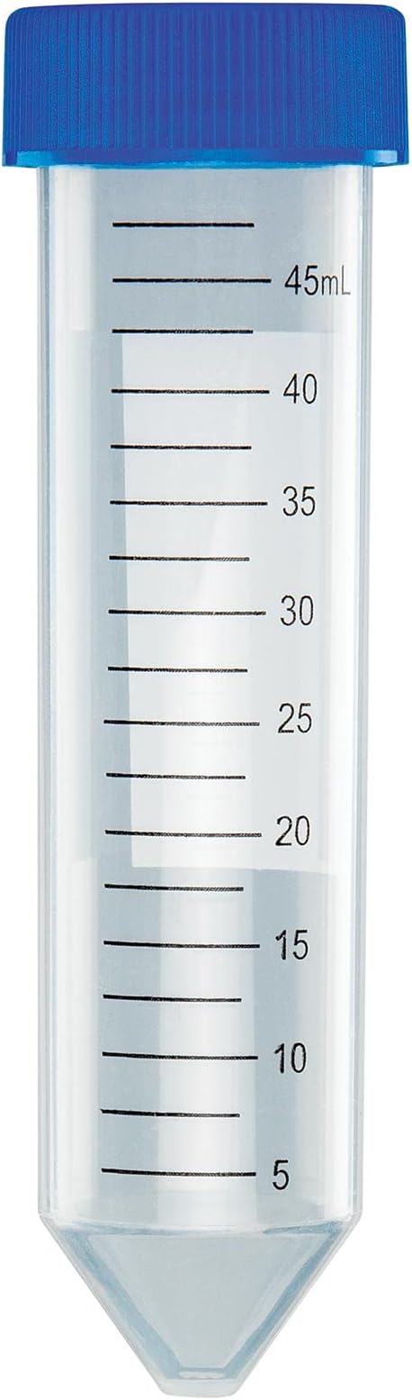Globe Scientific 6288 Polypropylene Centrifuge Tube with Attached Blue Flat Top Screw Cap, Sterile, Printed Graduation, Bag Pack, 50mL Capacity (Case of 500)