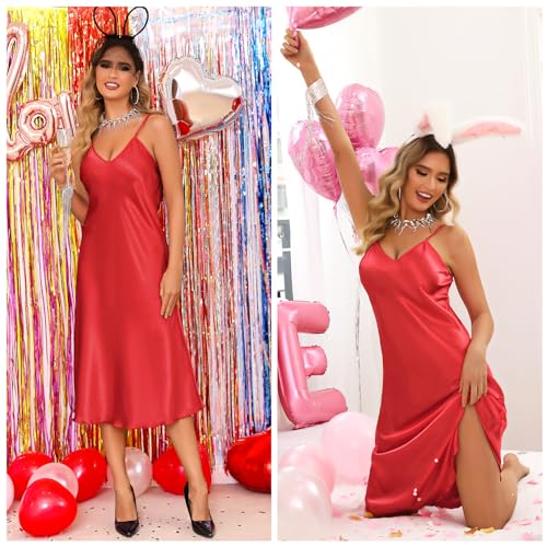 Image of Litherday Silk Nightgown for Women Long Satin Slip Dress Nightdress Silky Chemise Nightie Soft V Neck Nightwear